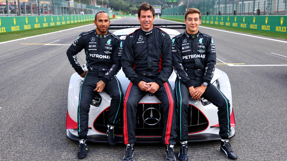 From left: Lewis Hamilton, Toto Wolff and George Russell.