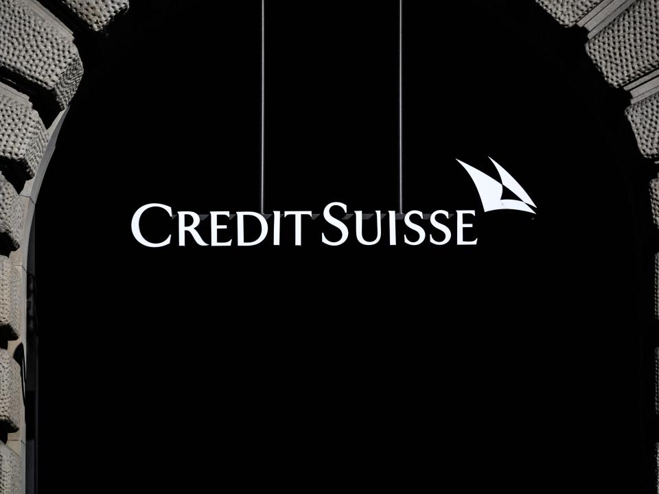 This illustration photo shows a sign with the logo of Switzerland's second largest bank "Credit Suisse" at their headquarters in Zurich on March 23, 2022.