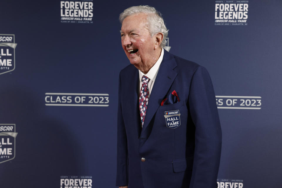 Hershel McGriff arrives for the NASCAR Hall of Fame induction ceremony in Charlotte, N.C., Friday, Jan. 20, 2023. (AP Photo/Nell Redmond)