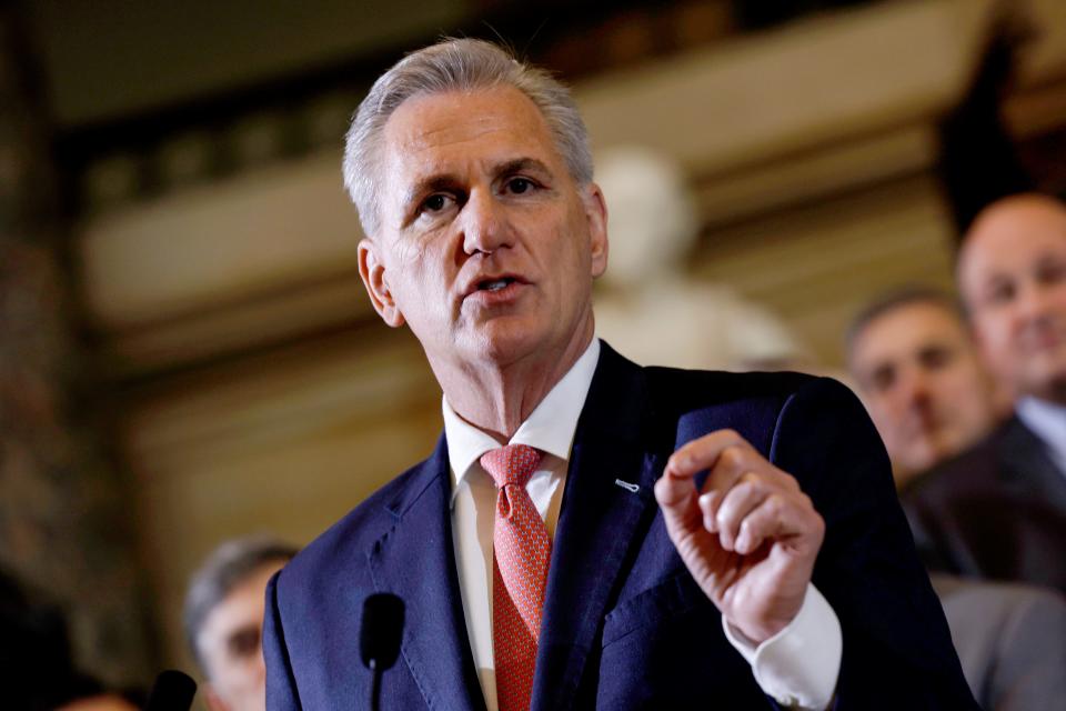 U.S. Speaker of the House Kevin McCarthy speaks at a bill signing ceremony for H.J. Res. 26 at the U.S. Capitol Building on March 10, 2023 in Washington, D.C.