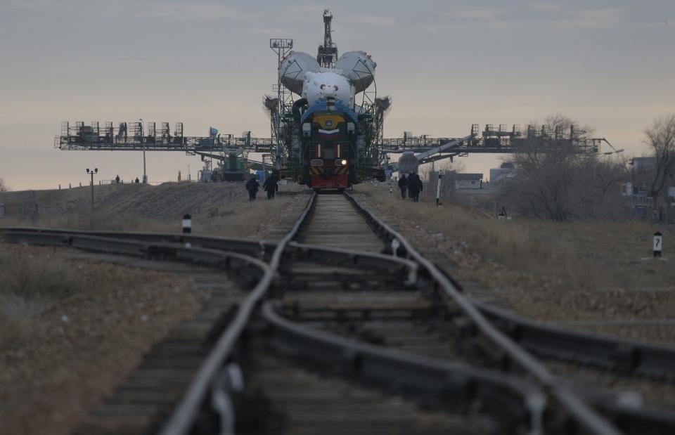 The Soyuz TMA-12M spacecraft is transported to its launch pad at the Baikonur cosmodrome