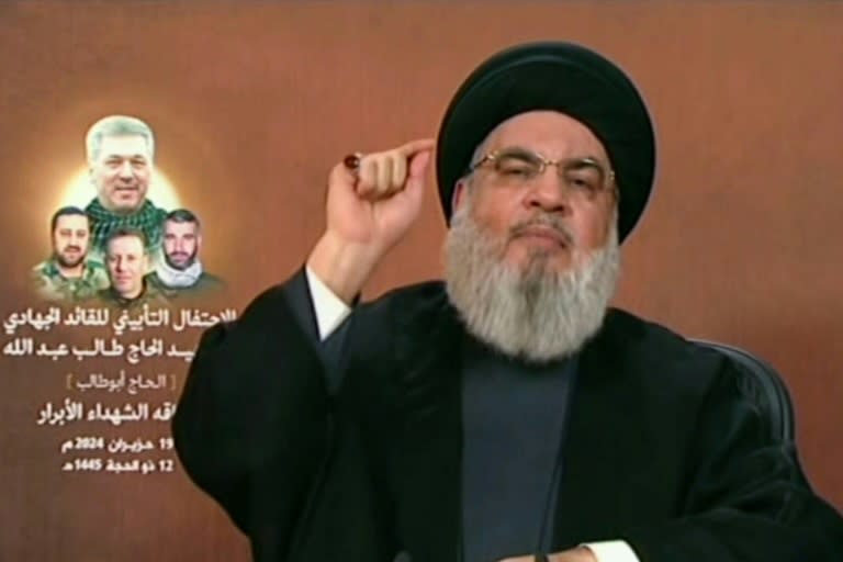 El jefe de Hezbolá, Hasan Nasrallah, en una comparecencia televisada el 19 de junio de 2024 en la cadena Al Manar (-)