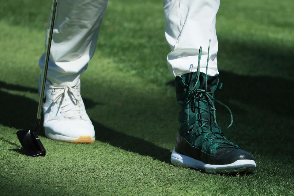 AUGUSTA, GEORGIA - APRIL 10: A detail of the footwear of Tony Finau of the United States during the Par 3 Contest prior to the Masters at Augusta National Golf Club on April 10, 2019 in Augusta, Georgia. (Photo by Andrew Redington/Getty Images)