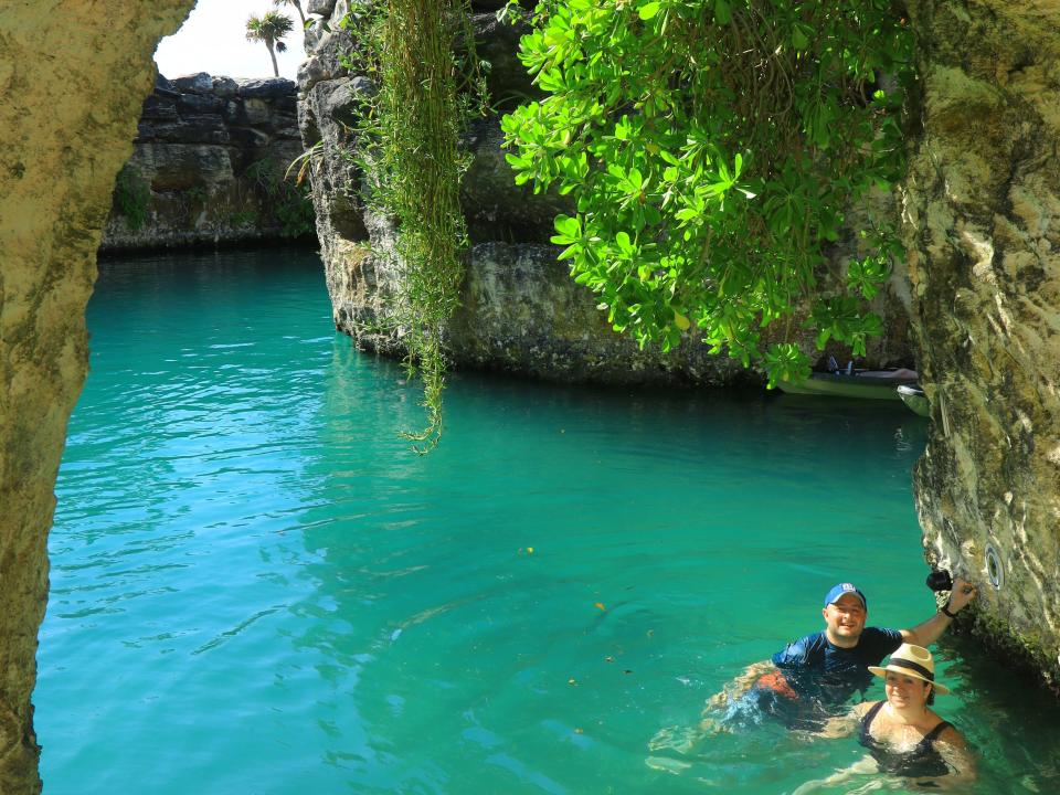 Author Sara Iannacone and her husband in a lagoon in Mexico