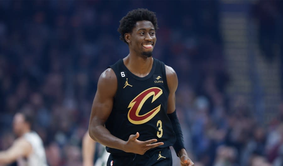 Cleveland Cavaliers guard Caris LeVert celebrates after making a 3-point basket against the Milwaukee Bucks during the first half of an NBA basketball game, Saturday, Jan. 21, 2023, in Cleveland. (AP Photo/Ron Schwane)