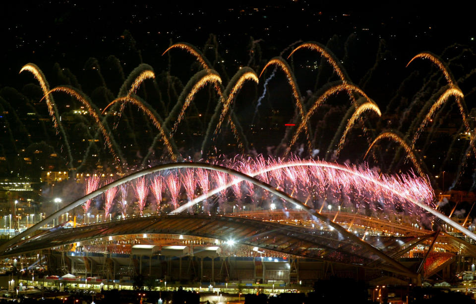 Fireworks are seen during the closing ceremonies of the Athens 2004 Summer Olympic Games on August 29, 2004 at the Sports Complex Olympic Stadium in Athens, Greece. (Photo by Milos Bicanski/Getty Images)