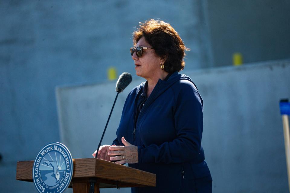 Florida Senator Kathleen Passidomo speaks at a ribbon cutting ceremony for the huge pump station of the C-43 reservoir in Hendry County on Tuesday, Dec. 19, 2023.