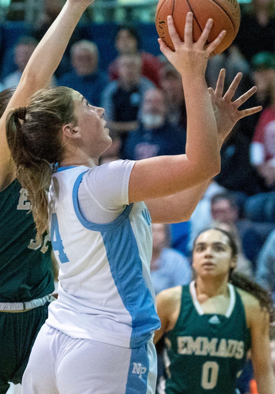 North Penn's Caleigh Sperling (4) against Emmaus in the first round of the PIAA Class 6A girls’ basketball tournament in Lansdale on Friday, Mar.8, 2024.