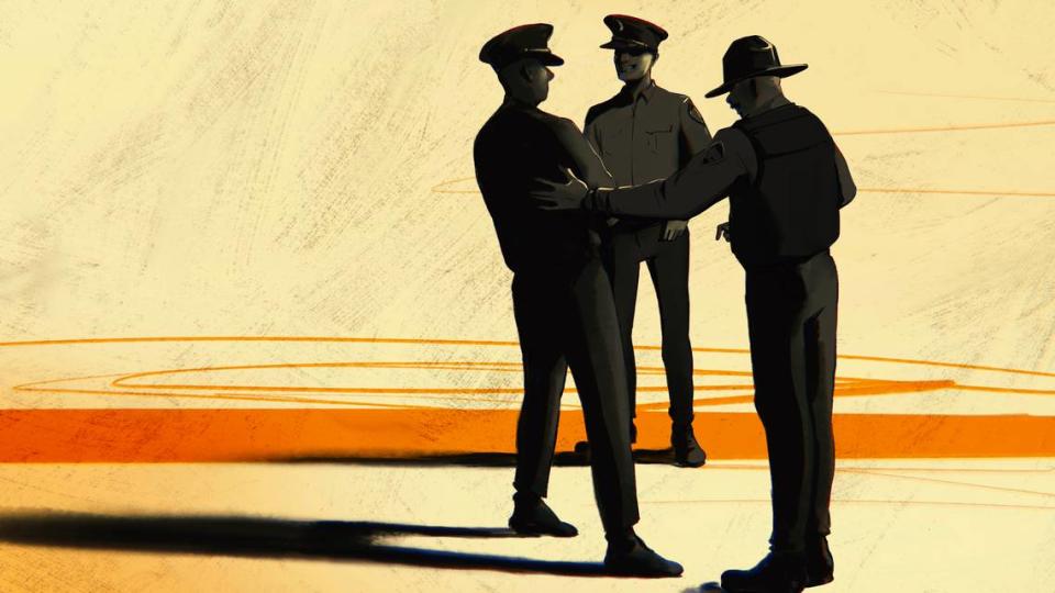 Illustration of three police officers silhouetted in the distance as they converse.