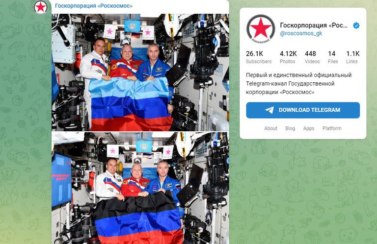 La publicación muestra fotos de los cosmonautas Oleg Artémiev, Denis Matvéiev y Serguéi Korsakov con las banderas de ambas "repúblicas" del este de Ucrania, a bordo de la ISS