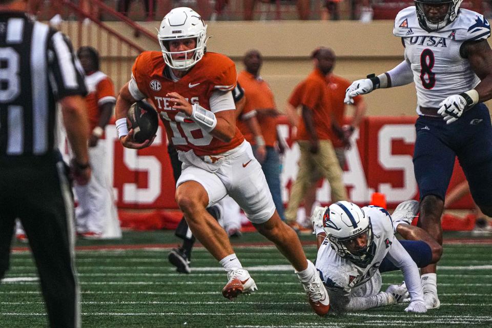 Texas quarterback Arch Manning takes off on a run in the Longhorns' win over UTSA on Saturday. If Manning starts instead of the injured Quinn Ewers against Louisiana-Monroe, he will bring a new dimension to the Texas offense with his ability to run.