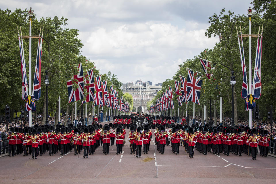 LONDON, ENGLAND - MAY 25: Soldiers and Musicians rehearse at the Major General's Review on May 25, 2019 in London, England.  The Major General's Review is the first of two rehearsals ahead of Trooping The Colour which will take place on Saturday June 08, 2019. (Photo by Tristan Fewings/Getty Images)