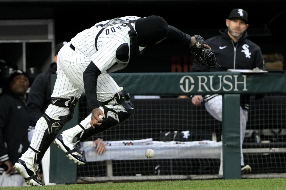 Chicago White Sox catcher Martin Maldonado misses the catch a foul ball hit by Atlanta Braves' Ronald Acuna Jr., during the first inning of a baseball game in Chicago, Tuesday, April 2, 2024. (AP Photo/Nam Y. Huh)