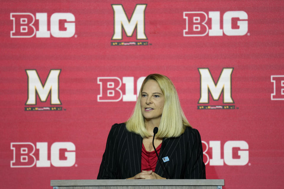 Maryland head coach Brenda Frese speaks during Big Ten NCAA college basketball Media Days Monday, Oct. 9, 2023, in Minneapolis. (AP Photo/Abbie Parr)