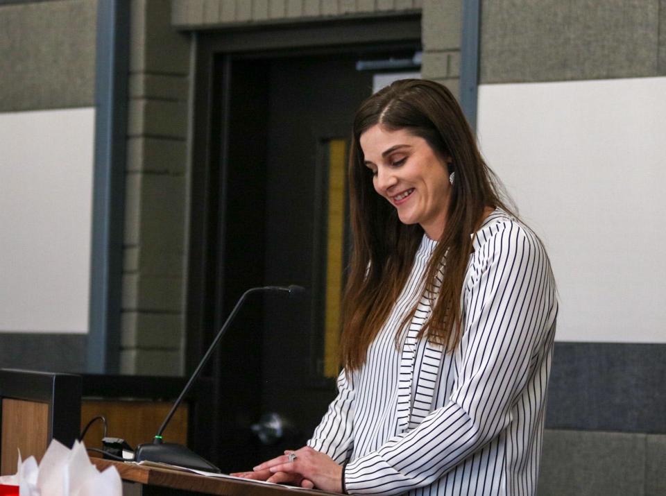 Chantay Hill, a third-grade teacher at Heusner Elementary School, gives remarks after receiving a Teacher of the Year award March 21.