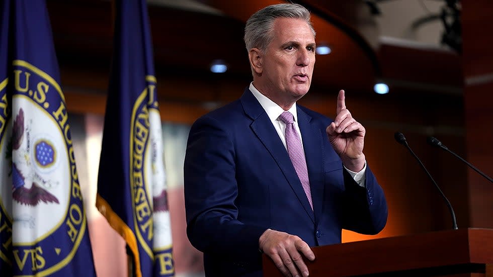 Minority Leader Kevin McCarthy (D-Calif.) addresses reporters during his weekly on-camera press conference on Wednesday, March 9, 2022.