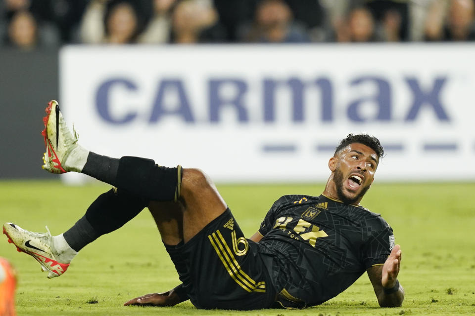 Los Angeles FC forward Denis Bouanga reacts after a goal-attempt during the first half of an MLS soccer match against Inter Miami, Sunday, Sept. 3, 2023, in Los Angeles. (AP Photo/Ryan Sun)