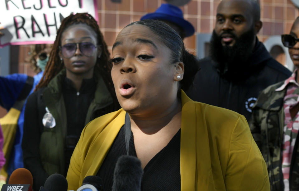 FILE - U.S. House Illinois District 7 candidate Kina Collins speaks during a rally, Oct. 19, 2021, in Chicago. (AP Photo/Paul Beaty, File)