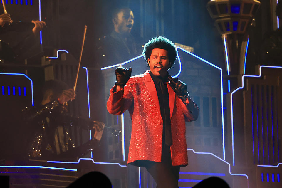 TAMPA, FLORIDA - FEBRUARY 07: The Weeknd performs during the Pepsi Super Bowl LV Halftime Show at Raymond James Stadium on February 07, 2021 in Tampa, Florida. (Photo by Mike Ehrmann/Getty Images)