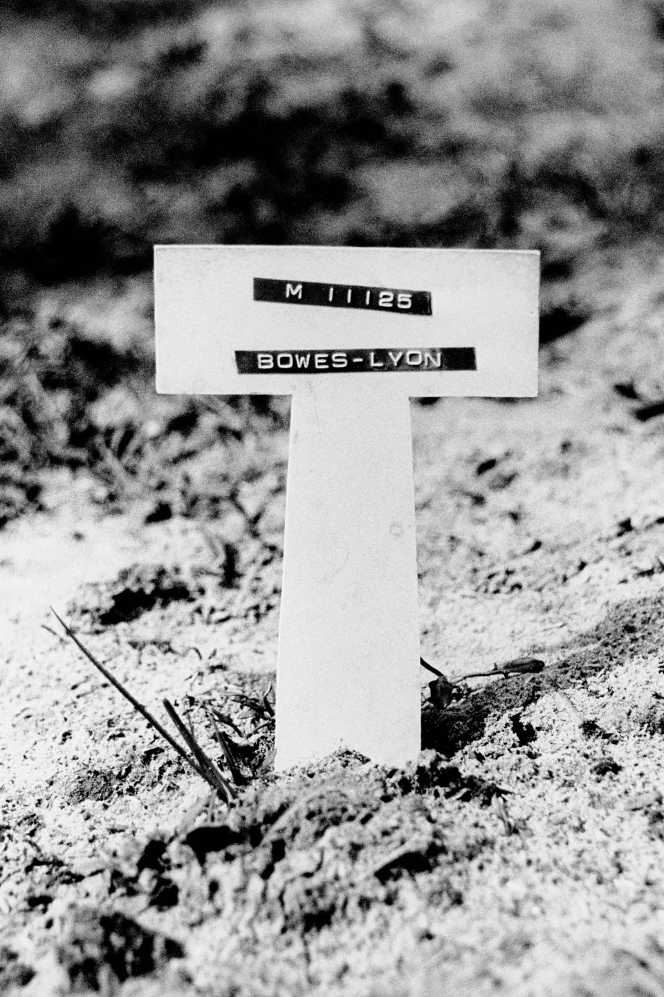 The grave of Nerissa Bowes-Lyon, cousin of Queen Elizabeth II, at Redhill Cemetery. The pauper's grave is marked by a small plastic tag at the foot of the headstone   (Photo by PA Images via Getty Images)