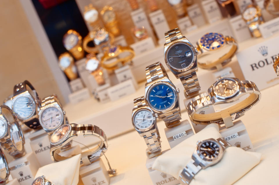 &#39;Berlin German - March 31, 2012: Collection of Rolex watches on display in a showcase of a dealer in Berlin.&#39;