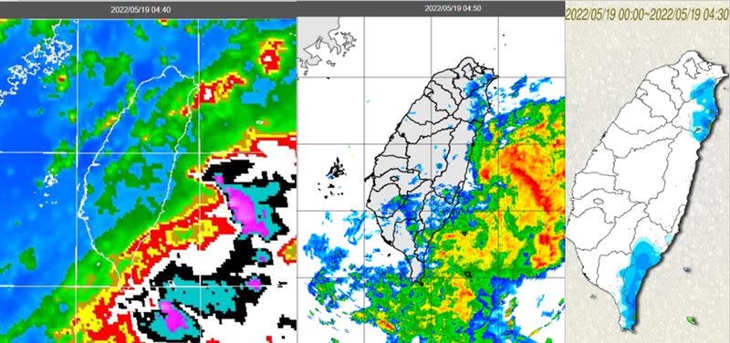 今晨4:40紅外線色調強化雲圖顯示，台灣東南方海面有雲層發展（左圖）；4:50雷達回波合成圖顯示，伴隨降水回波（中圖）；4:30累積雨量圖顯示，東半部有局部降雨（右圖）。