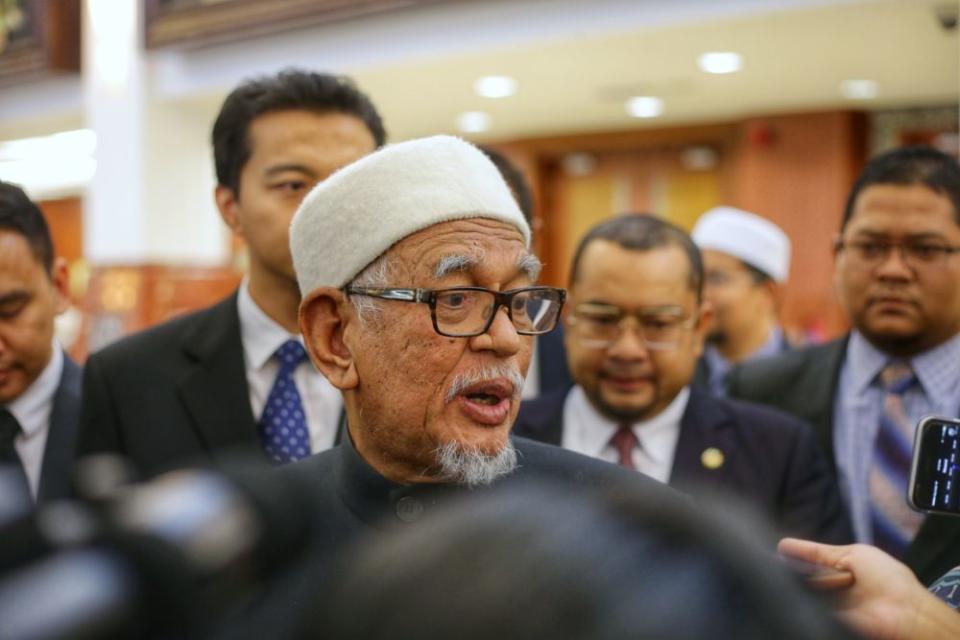 Datuk Seri Abdul Hadi Awang speaks to reporters at Parliament October 15, 2019. — Picture by Ahmad Zamzahuri