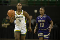 Baylor guard Jordan Lewis (3) dribbles the ball up the floor past Alcorn State guard LaRae Rascoe (10) in the first half of an NCAA college basketball game in Waco, Texas, Wednesday, Dec. 8, 2021. (AP Photo/Emil Lippe)