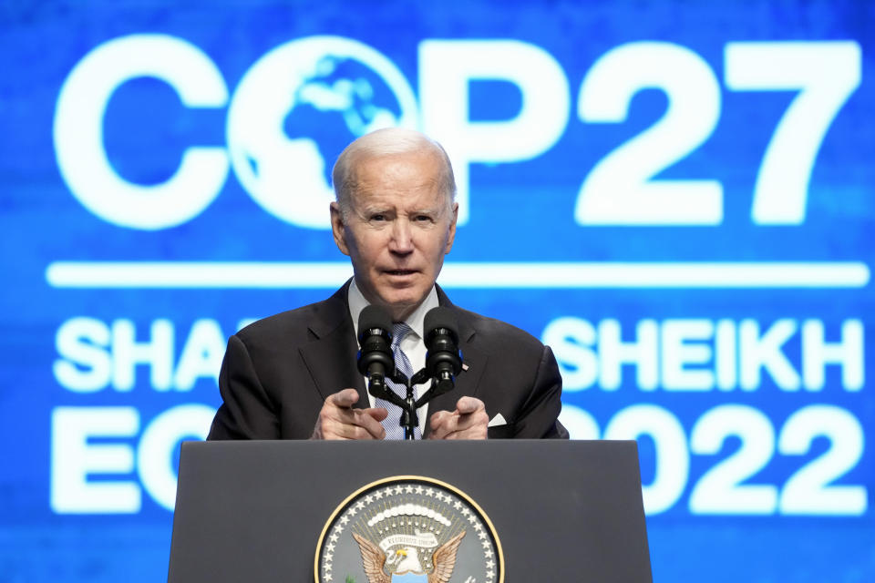 President Joe Biden speaks at the COP27 U.N. Climate Summit, Friday, Nov. 11, 2022, at Sharm el-Sheikh, Egypt. (AP Photo/Alex Brandon)