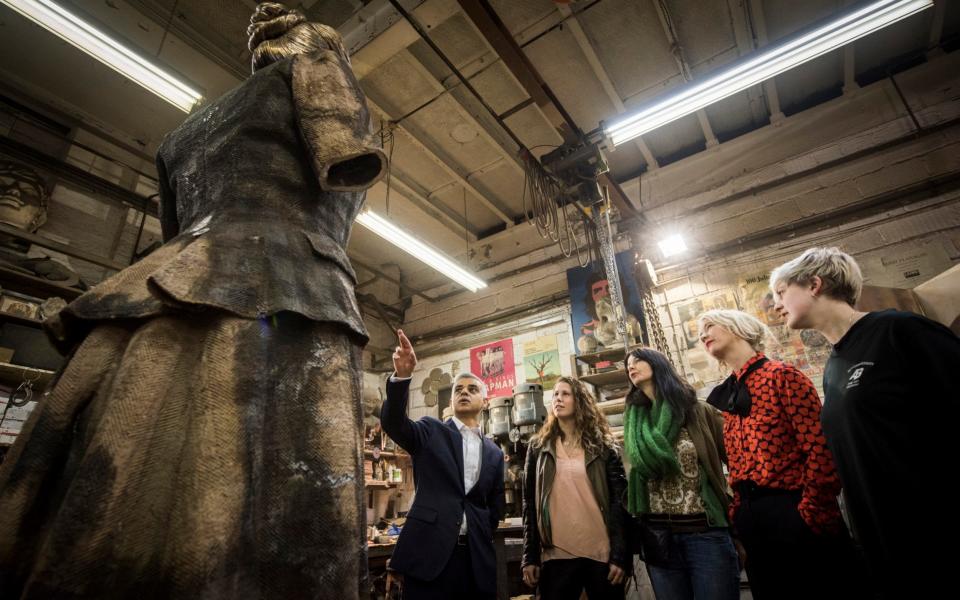 The Mayor visits the foundry where the statue was made with Caroline Criado-Perez (second left), Gillian Wearing (centre) and deputy mayor Justine Simons (second from right) - Greater London Authority