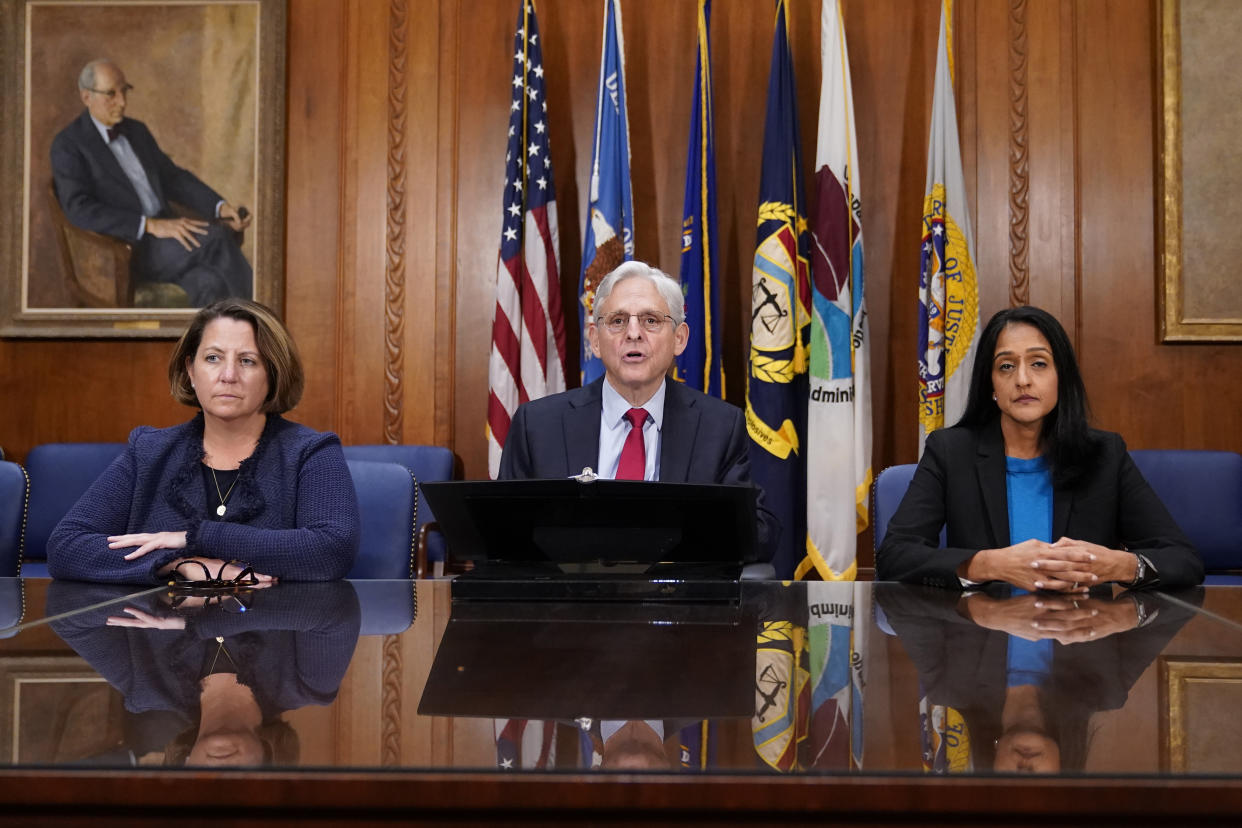 Attorney General Merrick Garland speaks at a news conference about the Justice Department's intervention to try to bring improvements to the beleaguered water system in Jackson, Miss., at the Justice Department in Washington, Wednesday, Nov. 30, 2022. Left is Deputy Attorney General Lisa Monaco and Associate Attorney General Vanita Gupta, right. (Patrick Semansky/AP)