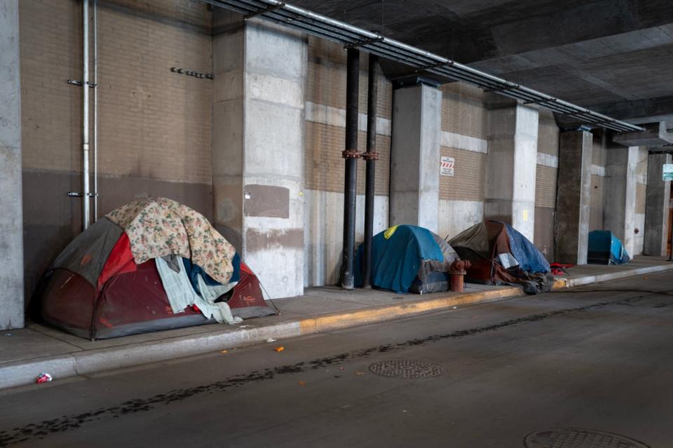 Tents used by the homeless sit along a subterranean sidewalk in downtown on April 22, 2024 in Chicago, Illinois (Getty Images)