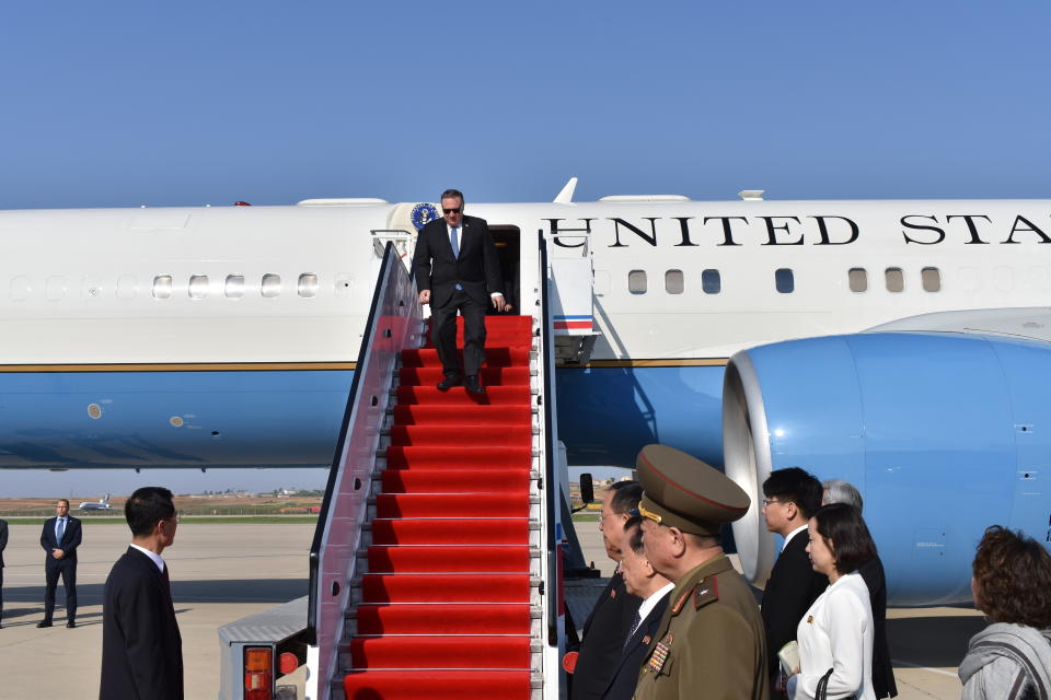 <p>Secretary of State Mike Pompeo exits his plane on arrival in Pyongyang, North Korea, on Wednesday, May 9, 2018. (Photo: Matthew Lee, Pool/AP) </p>
