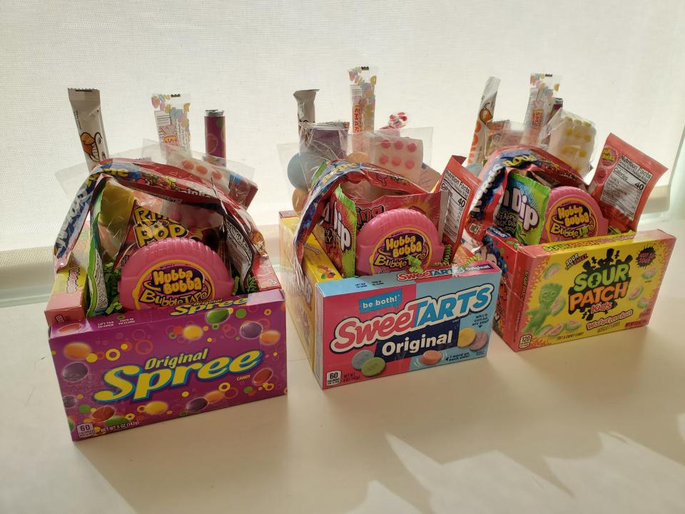 Theater box candy baskets at Sally's Sweet Shoppe in Weymouth. "Our Easter baskets are filled with "wicked fun stuff," said owner Sally Perine.