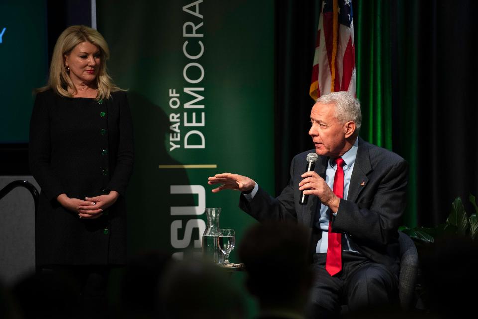 Retiring Colorado Congressman Ken Buck speaks at a public forum about the state of democracy in Colorado and the country as part of CSU's Thematic Year of Democracy at Colorado State University in Fort Collins on Friday.