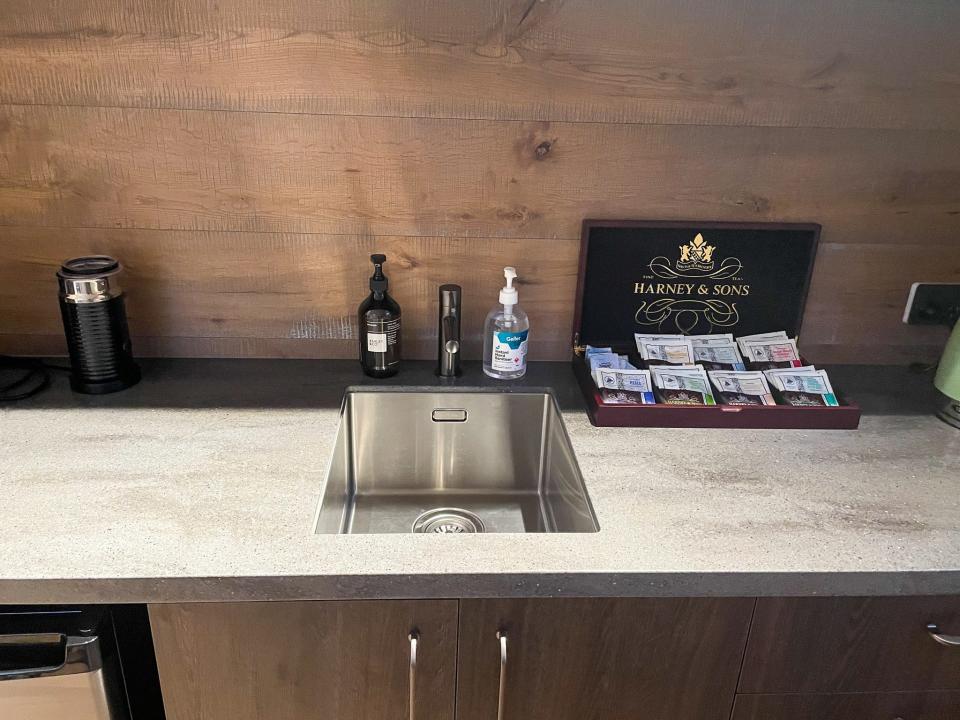 A view of the counter and sink in the kitchen.