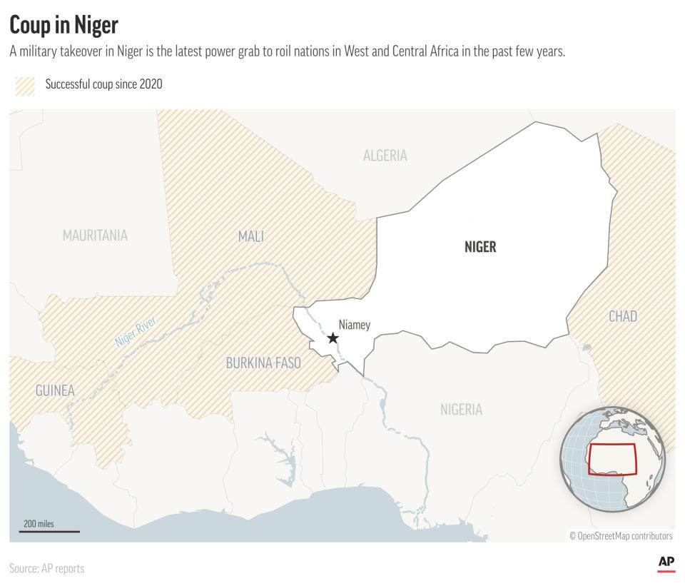 A military coup in Niger threatens a democratically-elected president and key ally of the West. (AP Graphic)