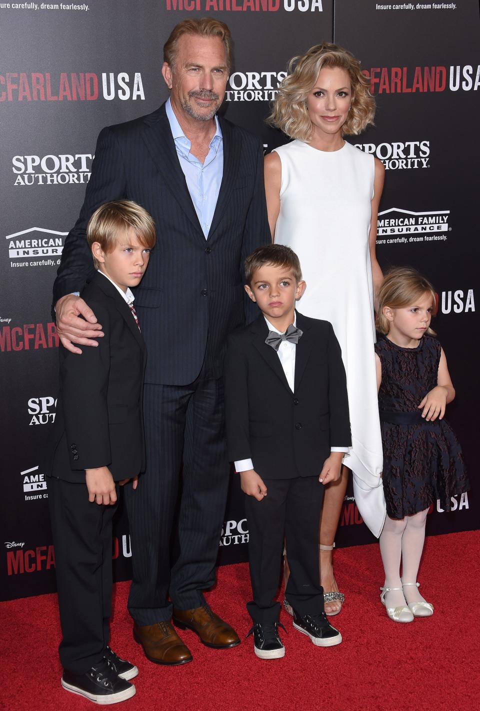 Kevin Costner and Christine Baumgartner with their children Cayden, Hayes, and Grace at the World Premiere of Disney's 'McFarland, USA' in 2015.