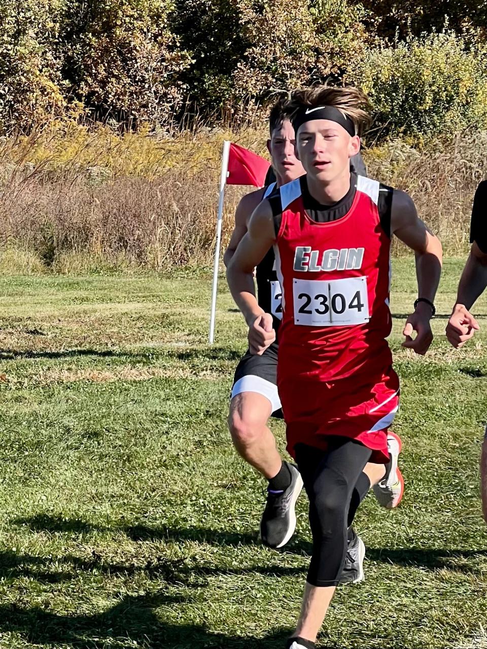 Elgin's Ethan Marshall runs at the Marion Harding Cross Country Invitational earlier this season. Marshall was Northwest Central Conference boys runner-up on Saturday at Hardin Northern.