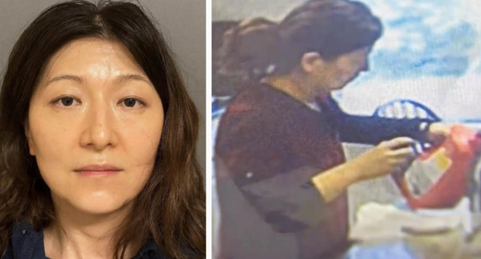 Ms Yu's mugshot (left) and her holding the red bottle