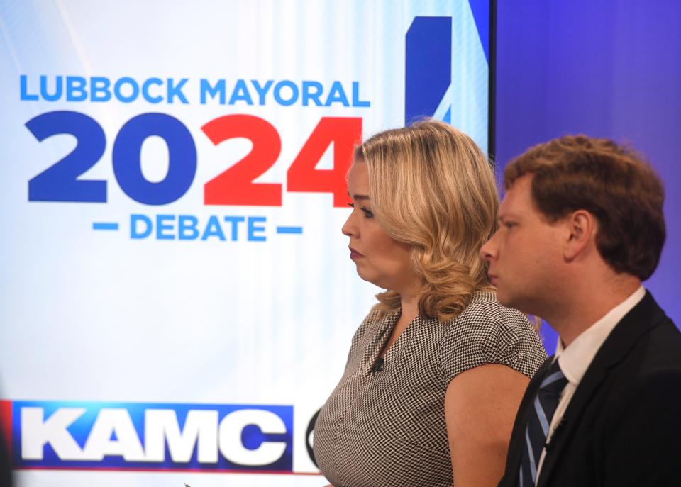 Jen Phillips, left, and Alex Driggars host a mayoral debate with candidates Steve Massengale and Mark McBrayer, Tuesday, May 21, 2024, in the KAMC studio.