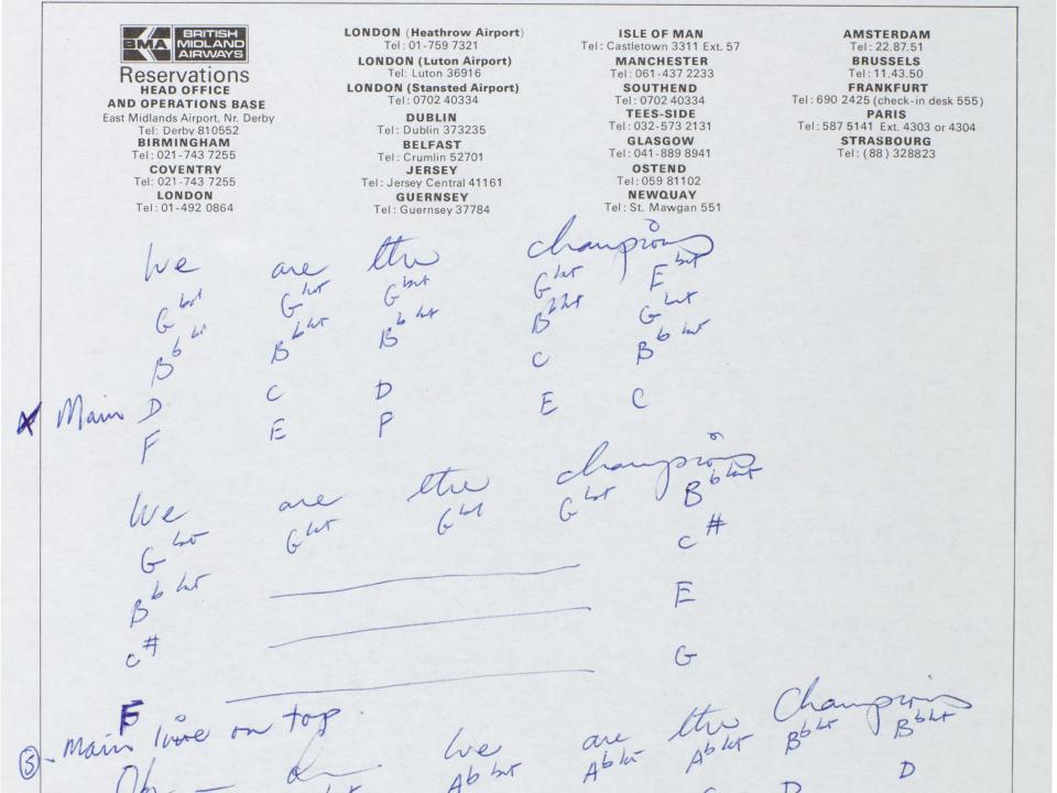 Handwritten note from Freddie Mercury show's lyrics and chords to "We Are The Champions."