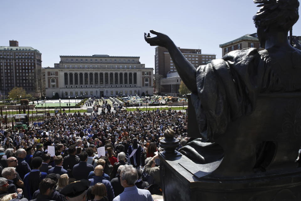 Columbia University professors speak in solidarity with their students rights to protest free from arrest at the Columbia University campus in New York on Monday April 22, 2024. (AP Photo/Stefan Jeremiah)