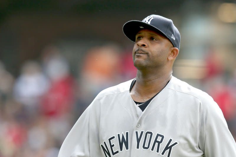 New York Yankees' CC Sabathia looks into the stand during the second inning against the Cleveland Indians in Cleveland on June 8, 2019. He turns 43 on July 21. File Photo by Aaron Josefczyk/UPI