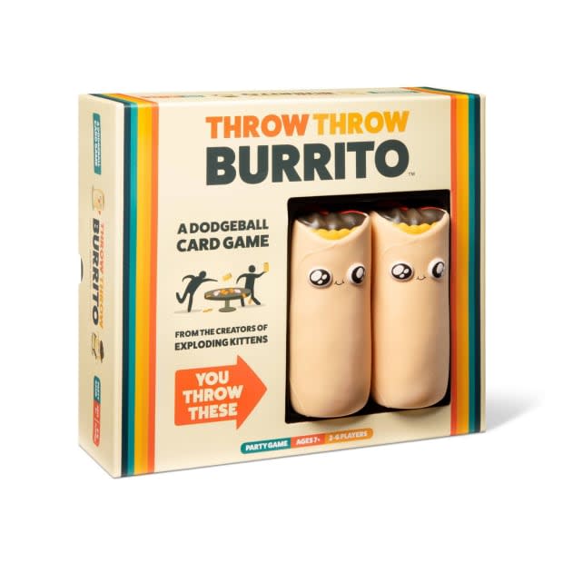 <p><a href="https://www.amazon.com/Throw-Burrito-Dodgeball-Exploding-Kittens/dp/B07TS96J7Q?crid=1KYDARZTSRBVB&keywords=Throw+Throw+Burrito&qid=1678062107&s=toys-and-games&sprefix=throw+throw+burrito%252Ctoys-and-games%252C110&sr=1-1-spons&psc=1&spLa=ZW5jcnlwdGVkUXVhbGlmaWVyPUEzTkM0VzdNTDZJUjMxJmVuY3J5cHRlZElkPUEwNjc3ODIwMjlPMUUxSDNEUDIwTSZlbmNyeXB0ZWRBZElkPUEwOTQ1MTQyMVk3M0xVOFcyVUgmd2lkZ2V0TmFtZT1zcF9hdGYmYWN0aW9uPWNsaWNrUmVkaXJlY3QmZG9Ob3RMb2dDbGljaz10cnVl&linkCode=ll1&tag=parade03-20&linkId=7c312c3f9959fbf738fdb17145385158&language=en_US&ref_=as_li_ss_tl" rel="nofollow noopener" target="_blank" data-ylk="slk:Amazon;elm:context_link;itc:0;sec:content-canvas" class="link ">Amazon</a></p>