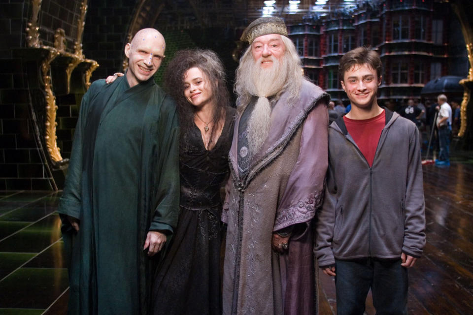 Daniel Radcliffe, Ralph Fiennes, Helena Bonham Carter, and Michael Gambon behind-the-scenes of "Order of the Phoenix"