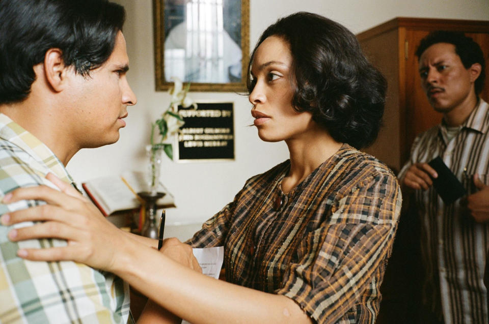 This photo released by Pantelion Films shows Rosario Dawson, right, as Dolores Huerta, and Michael Pena, left, as Cesar Chavez, in a scene from the film "Cesar Chavez." The movie opens Friday, March 28, 2014, after its premieres at the Berlin Film Festival and South by Southwest, and after a special screening with Barack Obama at The White House. (AP Photo/Pantelion Films)