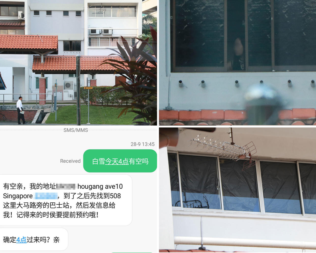 Clockwise from top left: A “customer” (in white) awaits his turn at the bus stop below the unit where the suspected vice activities are carried out; a woman seen in the unit; the covered up windows of the unit’s upper floor; and a text message from one of the alleged prostitutes containing directions to the Hougang flat. (PHOTOS: Dhany Osman / Yahoo News Singapore)