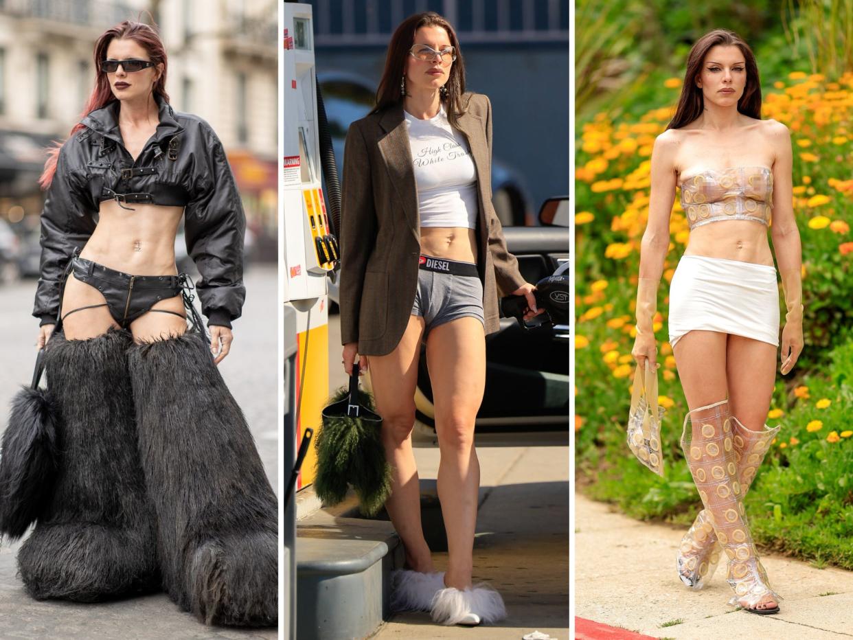 three images of Julia Fox wearing daring outfits