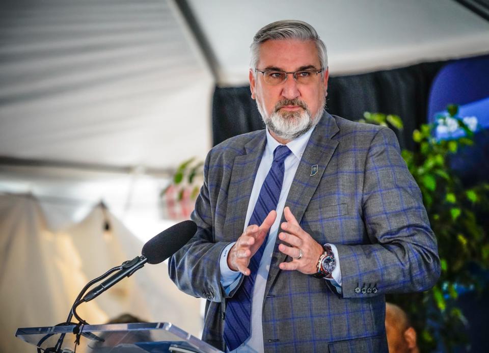 Indiana Gov. Eric Holcomb speaks during the official groundbreaking for Elanco's global headquarters, at the former GM Stamping Plant Site on Tuesday, April 12, 2022, in Indianapolis. 